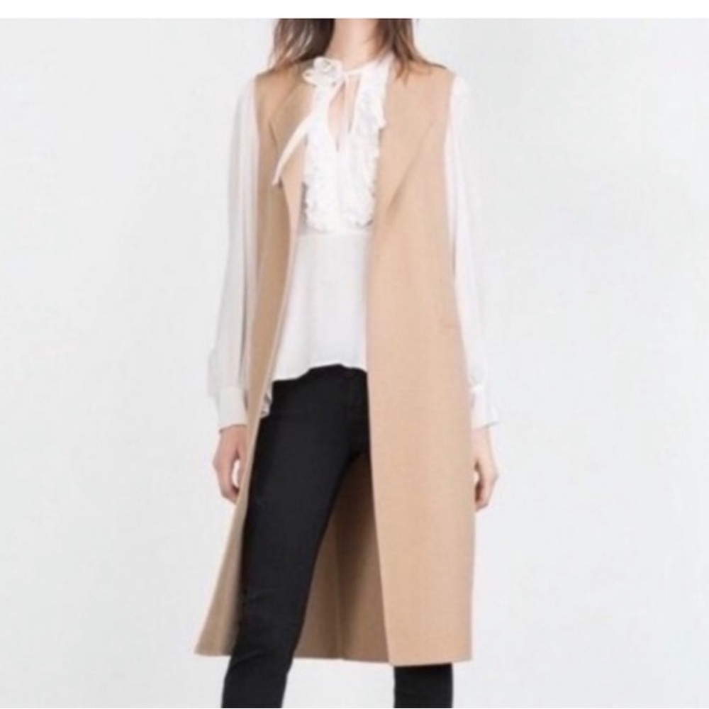 Zara Black Long Vest Open Front Sleeveless with large front pockets size small